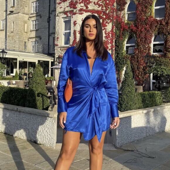 ZARA Satin Effect Wrap Dress Royal Blue {F41} - Picture 1 of 10